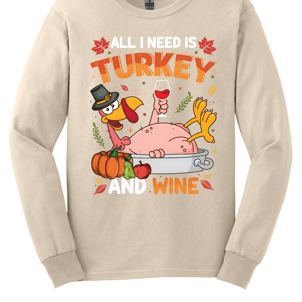 Make a statement this Thanksgiving with our “All I Need Is Turkey and Wine” t-shirt! Featuring a cheeky naked turkey donning a pilgrim hat, lounging in a roasting pan and holding a glass of wine, this shirt is all about enjoying the holiday with a sense of humor. Surrounded by vibrant fall leaves, the design adds a touch of seasonal charm. Gorgeousware.com