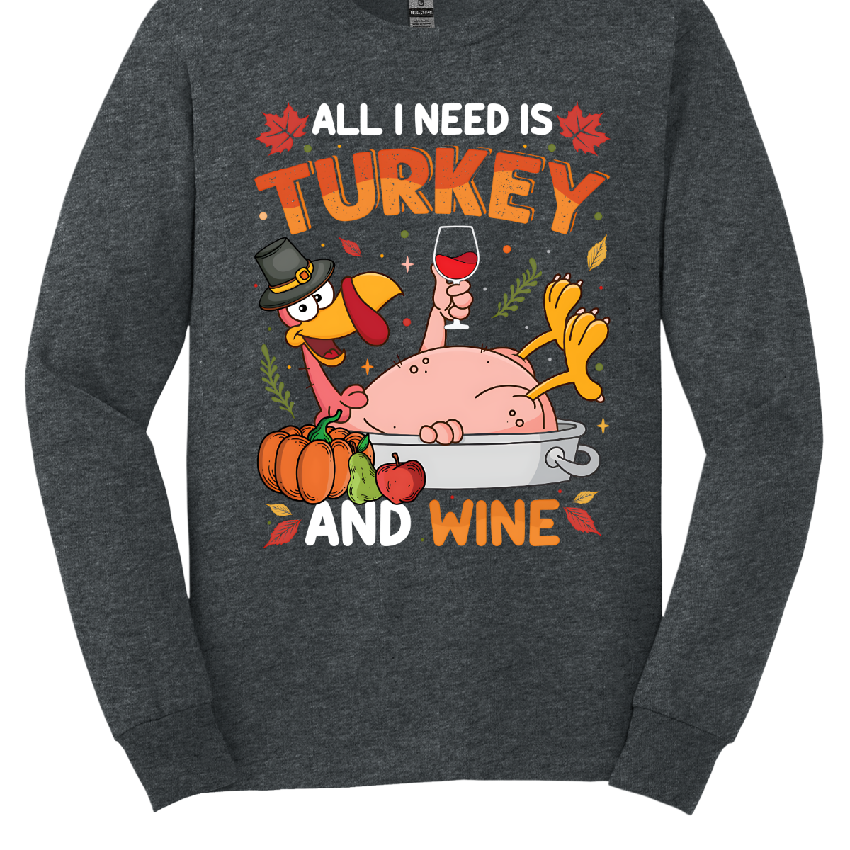 Make a statement this Thanksgiving with our “All I Need Is Turkey and Wine” t-shirt! Featuring a cheeky naked turkey donning a pilgrim hat, lounging in a roasting pan and holding a glass of wine, this shirt is all about enjoying the holiday with a sense of humor. Surrounded by vibrant fall leaves, the design adds a touch of seasonal charm. Gorgeousware.com