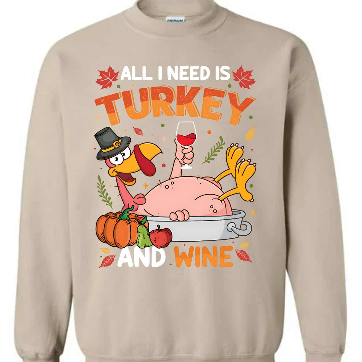 Make a statement this Thanksgiving with our “All I Need Is Turkey and Wine” t-shirt! Featuring a cheeky naked turkey donning a pilgrim hat, lounging in a roasting pan and holding a glass of wine, this shirt is all about enjoying the holiday with a sense of humor. Surrounded by vibrant fall leaves, the design adds a touch of seasonal charm. Gorgeousware.com