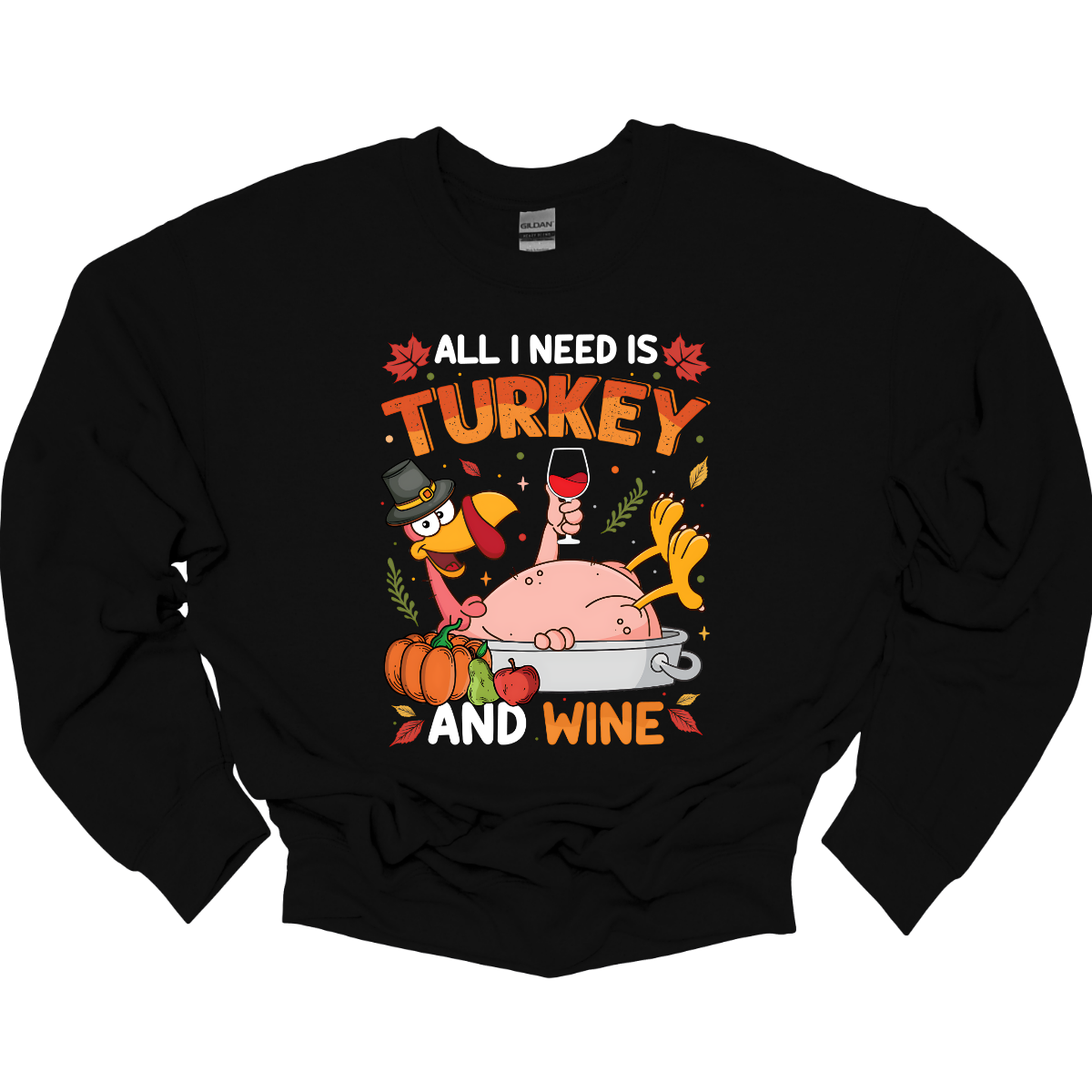 Make a statement this Thanksgiving with our “All I Need Is Turkey and Wine” t-shirt! Featuring a cheeky naked turkey donning a pilgrim hat, lounging in a roasting pan and holding a glass of wine, this shirt is all about enjoying the holiday with a sense of humor. Surrounded by vibrant fall leaves, the design adds a touch of seasonal charm. Gorgeousware.com