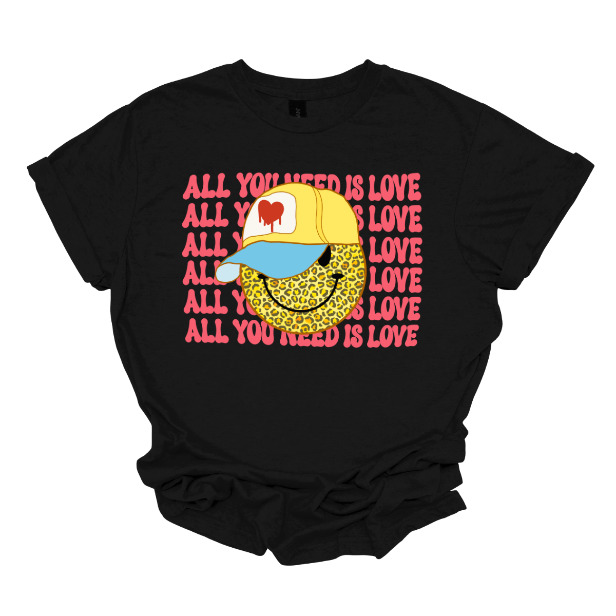 Spread positivity with our 'All You Need is Love' T-shirt, featuring a cheerful smiley face donning a laid-back baseball hat. This tee is a vibrant celebration of love and happiness, encapsulated in a simple yet powerful message. The smiling character exudes joy, while the addition of a baseball hat adds a casual, cool vibe to the design.