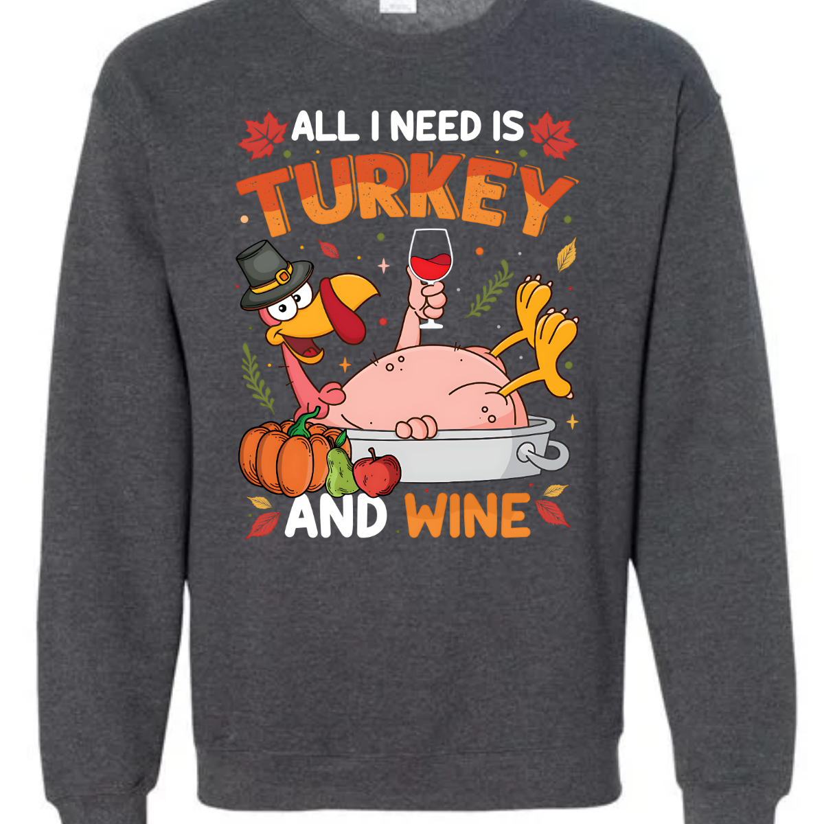 Make a statement this Thanksgiving with our “All I Need Is Turkey and Wine” t-shirt! Featuring a cheeky naked turkey donning a pilgrim hat, lounging in a roasting pan and holding a glass of wine, this shirt is all about enjoying the holiday with a sense of humor. Surrounded by vibrant fall leaves, the design adds a touch of seasonal charm. Gorgeousware.com