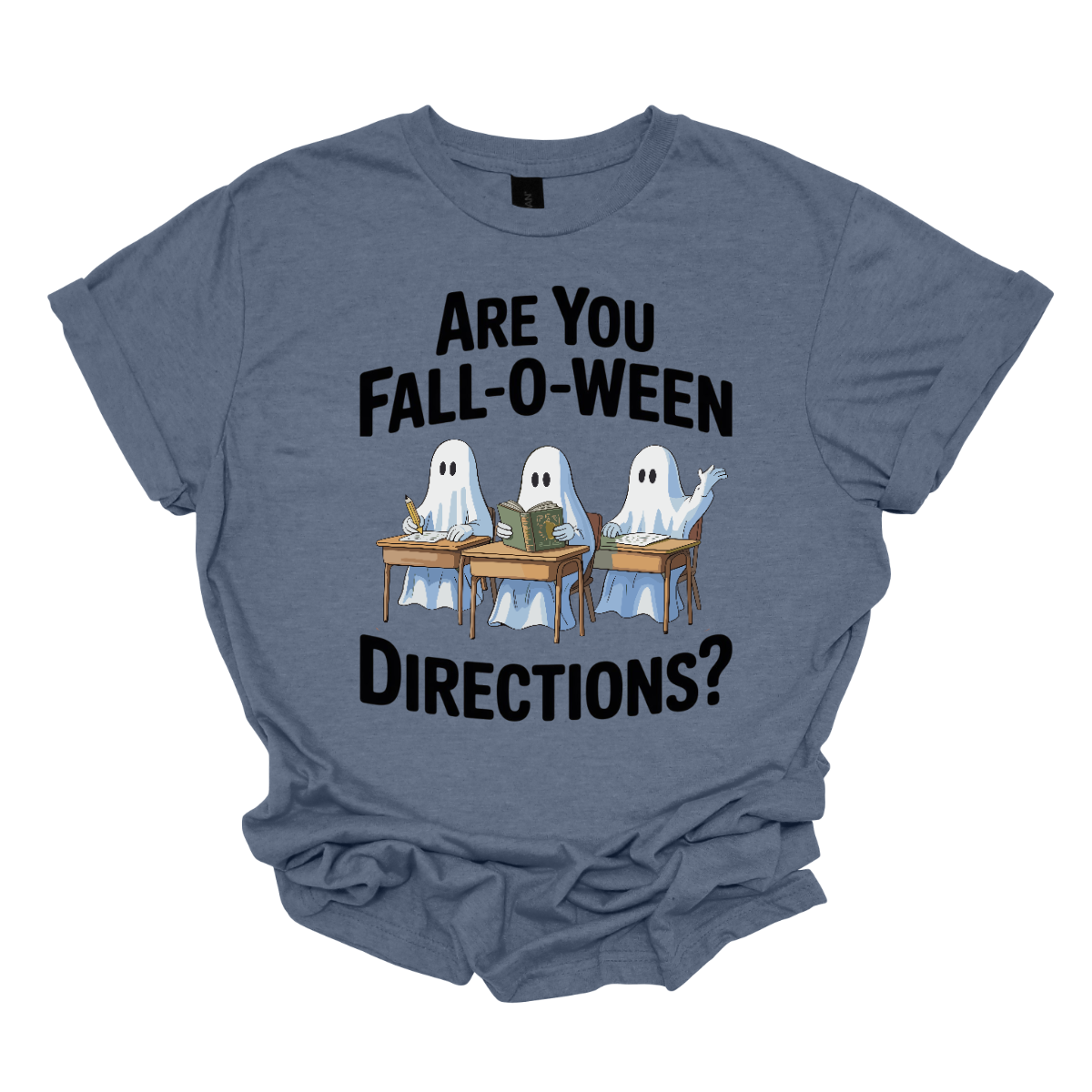 Bring some spooky fun into the classroom (or your everyday fall style) with this adorable Halloween graphic tee! 🎃👻 The design features three cute ghosts sitting at student desks — one writing with a pencil, one reading a book, and one raising their hand — paired with the playful phrase “Are you Fall-O-Ween Directions?” Shop at Gorgeousware.com