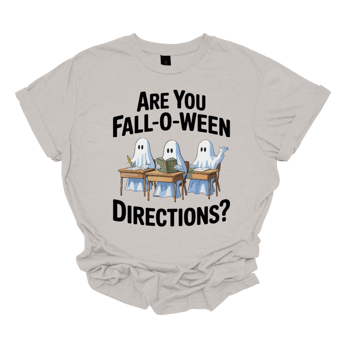 Bring some spooky fun into the classroom (or your everyday fall style) with this adorable Halloween graphic tee! 🎃👻 The design features three cute ghosts sitting at student desks — one writing with a pencil, one reading a book, and one raising their hand — paired with the playful phrase “Are you Fall-O-Ween Directions?” Shop at Gorgeousware.com