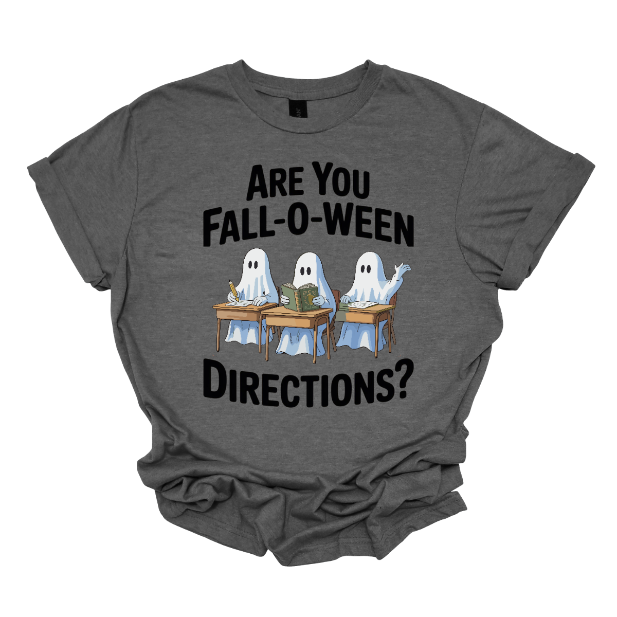 Bring some spooky fun into the classroom (or your everyday fall style) with this adorable Halloween graphic tee! 🎃👻 The design features three cute ghosts sitting at student desks — one writing with a pencil, one reading a book, and one raising their hand — paired with the playful phrase “Are you Fall-O-Ween Directions?” Shop at Gorgeousware.com