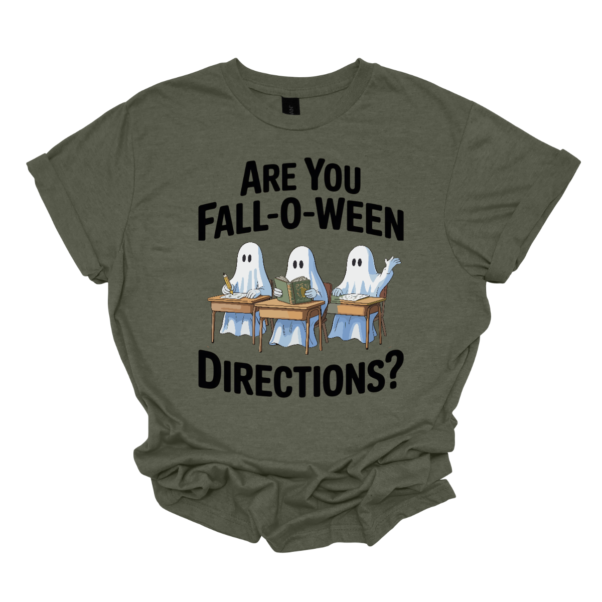 Bring some spooky fun into the classroom (or your everyday fall style) with this adorable Halloween graphic tee! 🎃👻 The design features three cute ghosts sitting at student desks — one writing with a pencil, one reading a book, and one raising their hand — paired with the playful phrase “Are you Fall-O-Ween Directions?” Shop at Gorgeousware.com