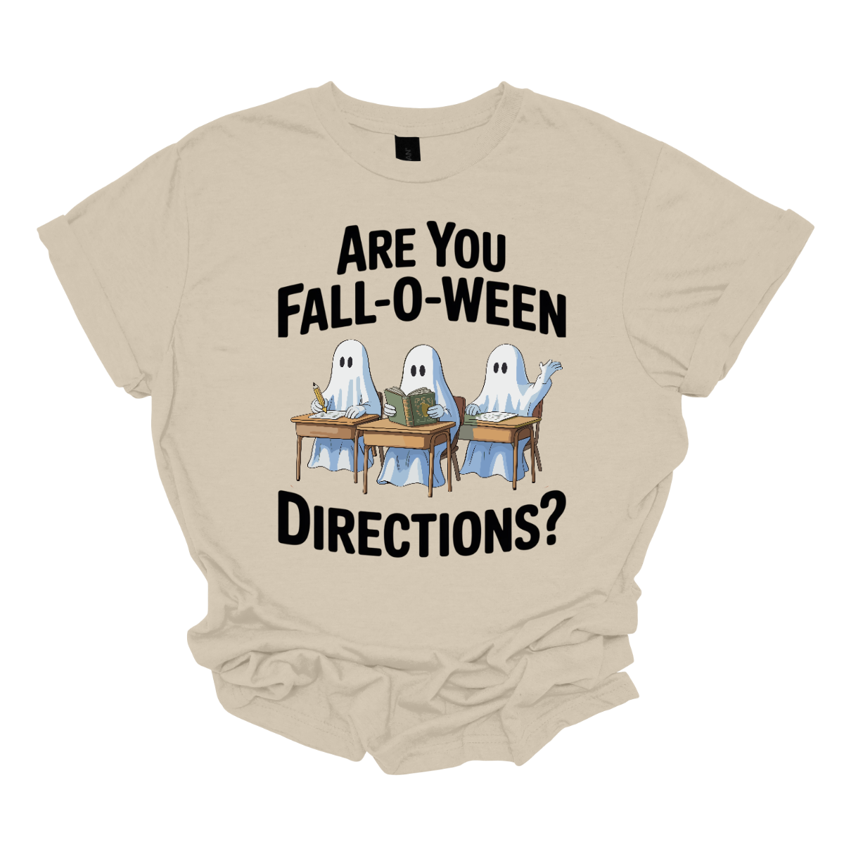 Bring some spooky fun into the classroom (or your everyday fall style) with this adorable Halloween graphic tee! 🎃👻 The design features three cute ghosts sitting at student desks — one writing with a pencil, one reading a book, and one raising their hand — paired with the playful phrase “Are you Fall-O-Ween Directions?” Shop at Gorgeousware.com