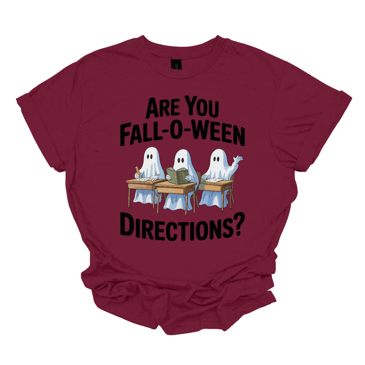 Bring some spooky fun into the classroom (or your everyday fall style) with this adorable Halloween graphic tee! 🎃👻 The design features three cute ghosts sitting at student desks — one writing with a pencil, one reading a book, and one raising their hand — paired with the playful phrase “Are you Fall-O-Ween Directions?” Shop at Gorgeousware.com