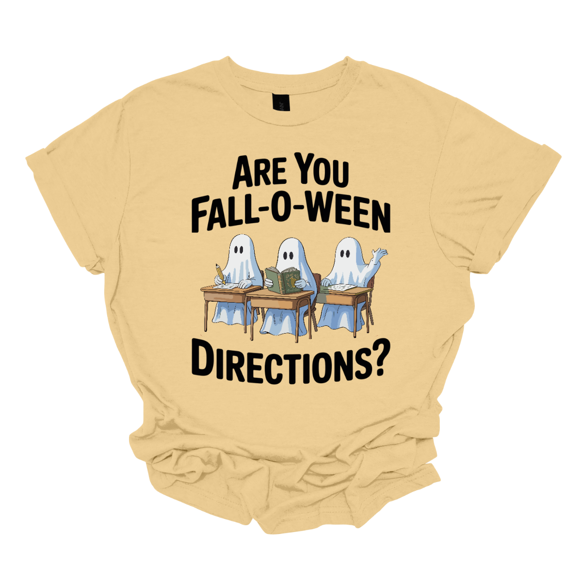 Bring some spooky fun into the classroom (or your everyday fall style) with this adorable Halloween graphic tee! 🎃👻 The design features three cute ghosts sitting at student desks — one writing with a pencil, one reading a book, and one raising their hand — paired with the playful phrase “Are you Fall-O-Ween Directions?” Shop at Gorgeousware.com