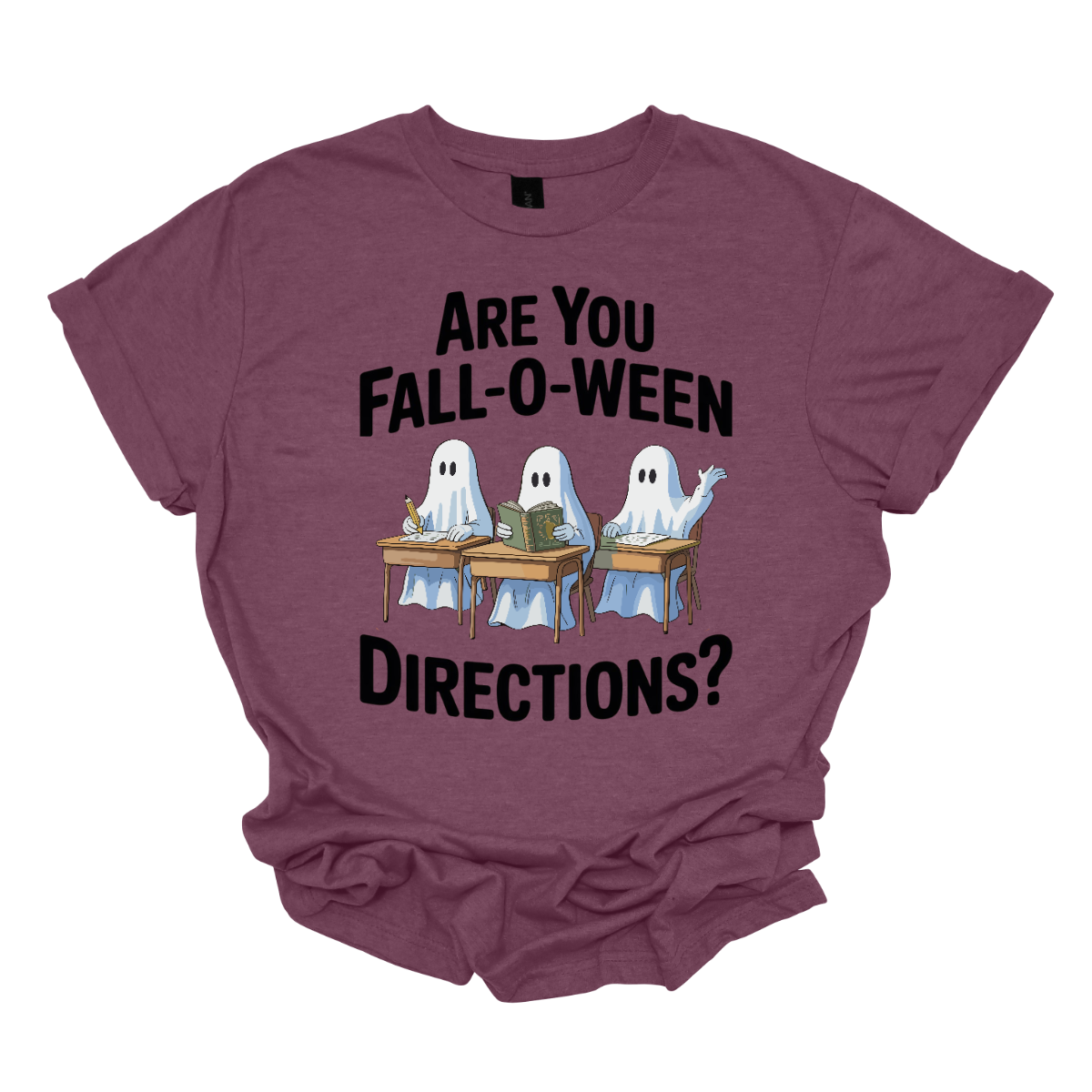 Bring some spooky fun into the classroom (or your everyday fall style) with this adorable Halloween graphic tee! 🎃👻 The design features three cute ghosts sitting at student desks — one writing with a pencil, one reading a book, and one raising their hand — paired with the playful phrase “Are you Fall-O-Ween Directions?” Shop at Gorgeousware.com