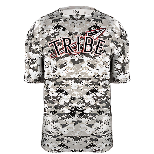 The Tribe Baseball digital camo shirt features a modern and stylish design, perfect for both on-field performance and off-field casual wear. Made from a lightweight, breathable fabric, it ensures comfort during play while maintaining a sleek, athletic fit. The digital camouflage pattern combines various shades, creating a unique and eye-catching look that represents the team spirit.