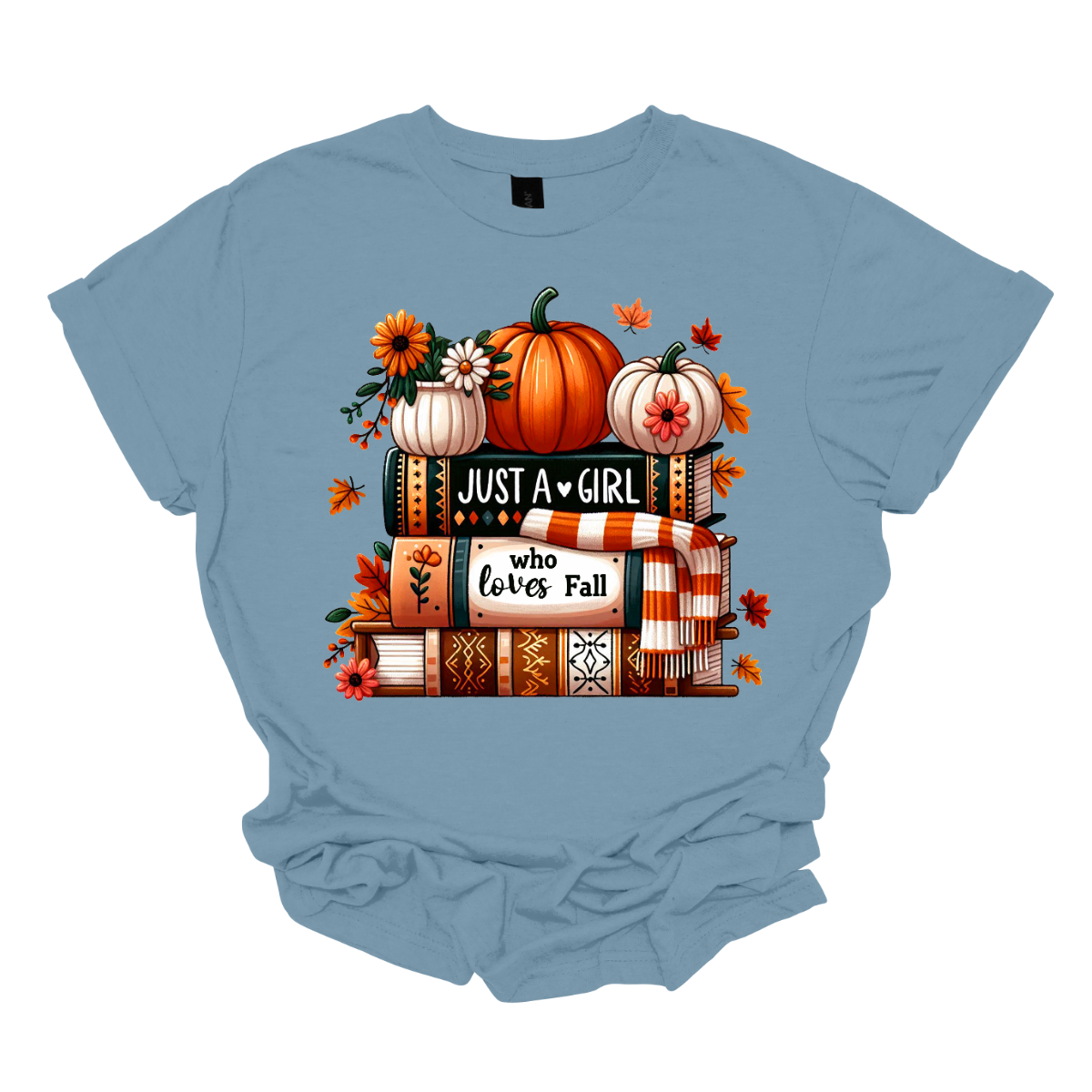 Bring cozy fall vibes to your wardrobe with this autumn-inspired graphic tee! The design features two pumpkins and a small pot of flowers perched on a stack of books with the spines reading “Just a Girl” and “Who Loves Fall.” An orange-and-white scarf wraps around the books while leaves gently fall, creating the perfect scene for autumn lovers. Shop at Gorgeousware.com