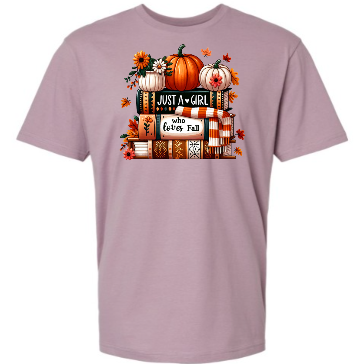 Bring cozy fall vibes to your wardrobe with this autumn-inspired graphic tee! The design features two pumpkins and a small pot of flowers perched on a stack of books with the spines reading “Just a Girl” and “Who Loves Fall.” An orange-and-white scarf wraps around the books while leaves gently fall, creating the perfect scene for autumn lovers. Shop at Gorgeousware.com