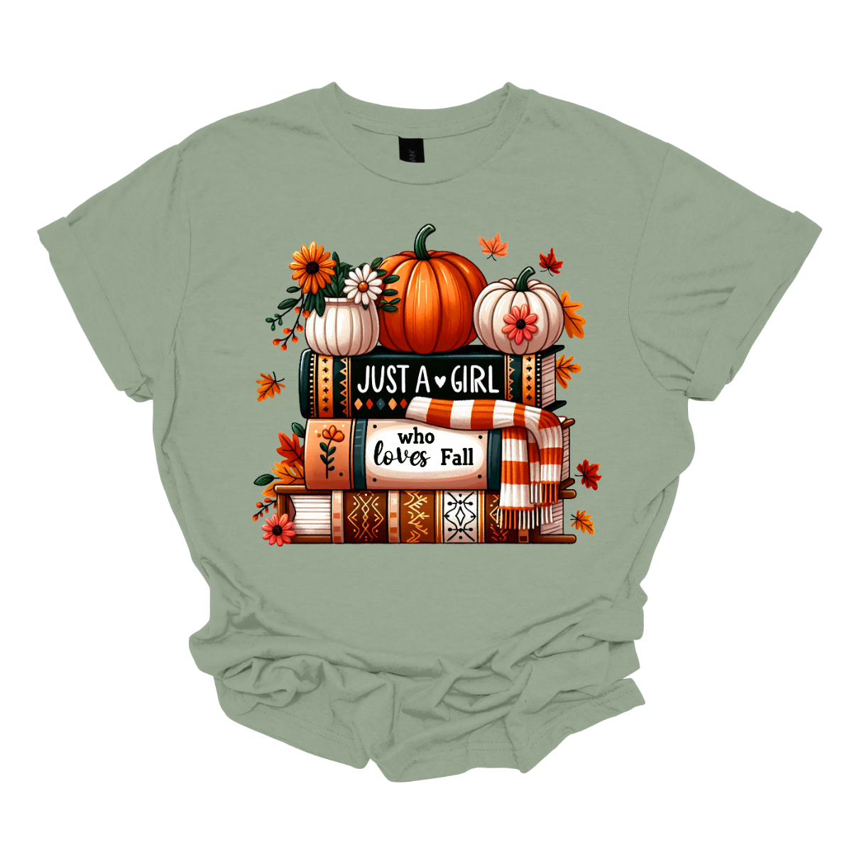 Bring cozy fall vibes to your wardrobe with this autumn-inspired graphic tee! The design features two pumpkins and a small pot of flowers perched on a stack of books with the spines reading “Just a Girl” and “Who Loves Fall.” An orange-and-white scarf wraps around the books while leaves gently fall, creating the perfect scene for autumn lovers. Shop at Gorgeousware.com