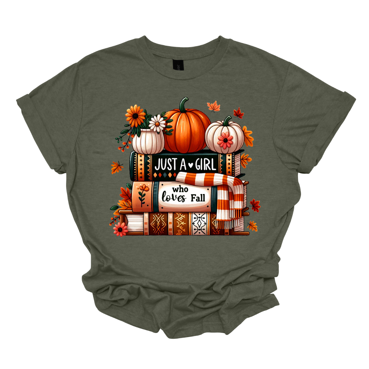 Bring cozy fall vibes to your wardrobe with this autumn-inspired graphic tee! The design features two pumpkins and a small pot of flowers perched on a stack of books with the spines reading “Just a Girl” and “Who Loves Fall.” An orange-and-white scarf wraps around the books while leaves gently fall, creating the perfect scene for autumn lovers. Shop at Gorgeousware.com