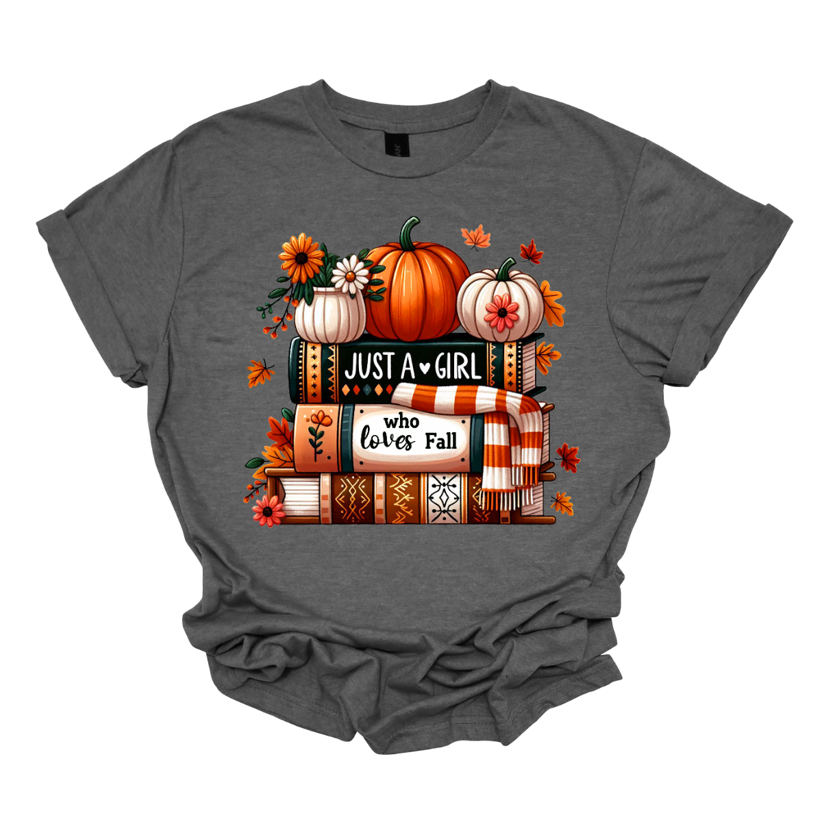 Bring cozy fall vibes to your wardrobe with this autumn-inspired graphic tee! The design features two pumpkins and a small pot of flowers perched on a stack of books with the spines reading “Just a Girl” and “Who Loves Fall.” An orange-and-white scarf wraps around the books while leaves gently fall, creating the perfect scene for autumn lovers. Shop at Gorgeousware.com