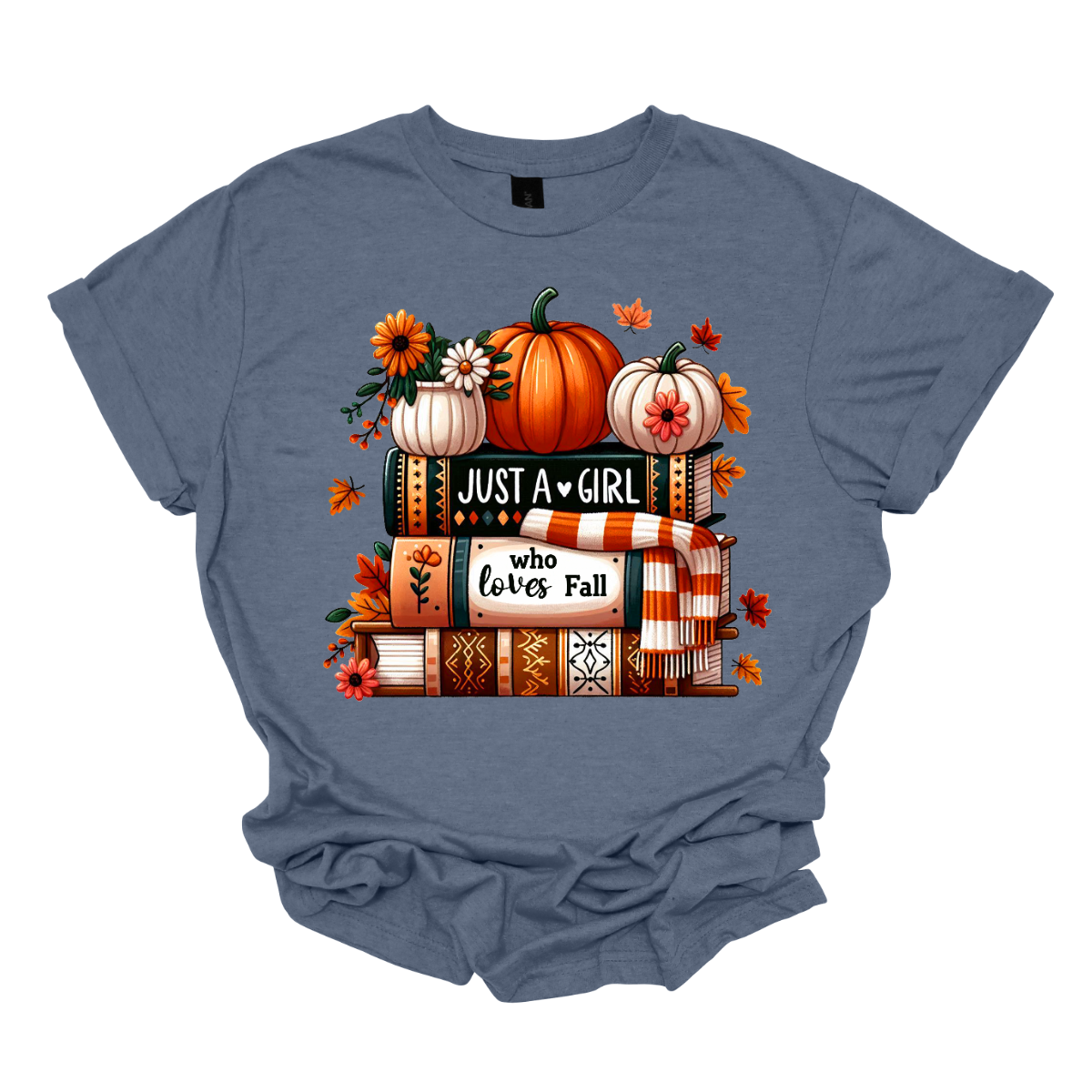Bring cozy fall vibes to your wardrobe with this autumn-inspired graphic tee! The design features two pumpkins and a small pot of flowers perched on a stack of books with the spines reading “Just a Girl” and “Who Loves Fall.” An orange-and-white scarf wraps around the books while leaves gently fall, creating the perfect scene for autumn lovers. Shop at Gorgeousware.com