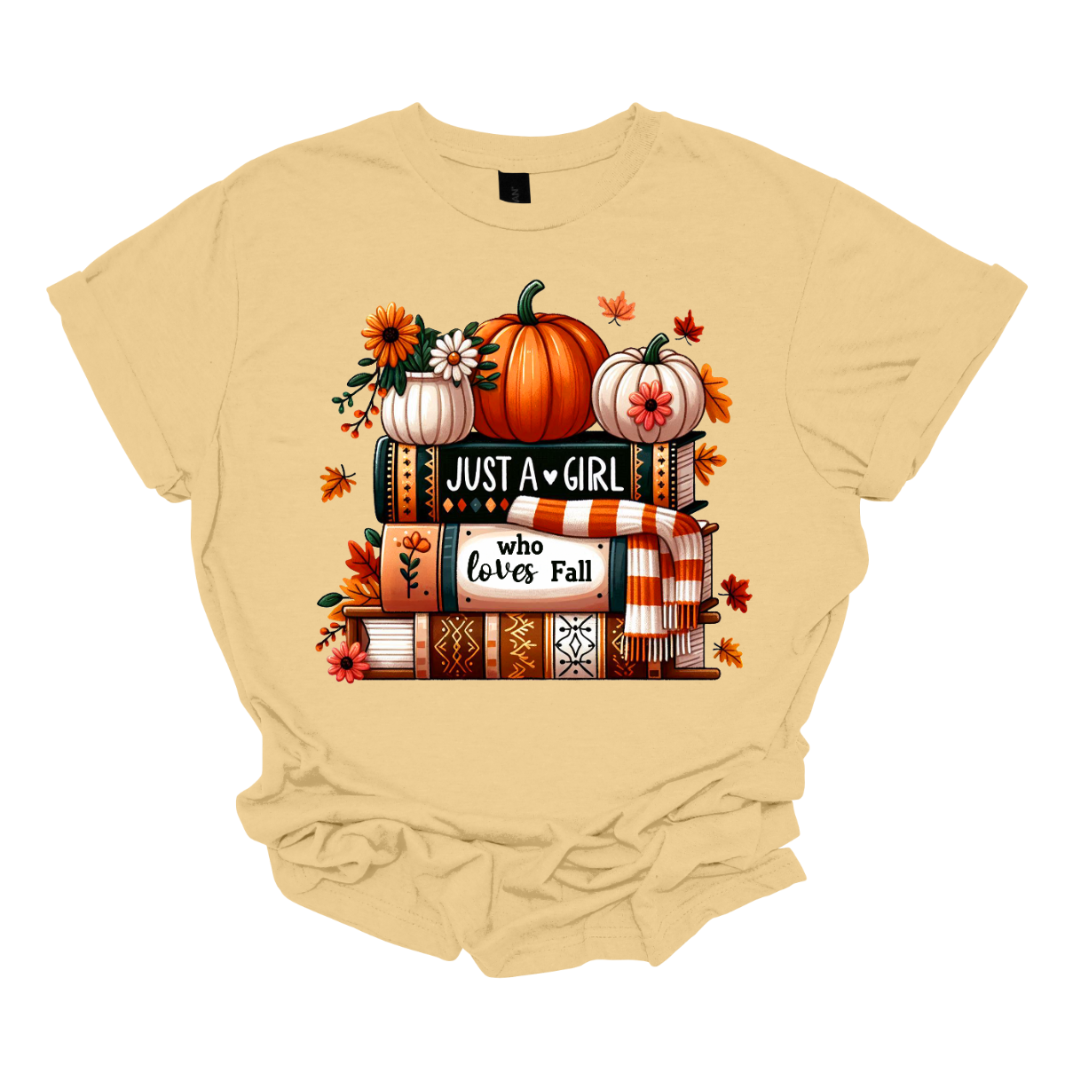 Bring cozy fall vibes to your wardrobe with this autumn-inspired graphic tee! The design features two pumpkins and a small pot of flowers perched on a stack of books with the spines reading “Just a Girl” and “Who Loves Fall.” An orange-and-white scarf wraps around the books while leaves gently fall, creating the perfect scene for autumn lovers. Shop at Gorgeousware.com