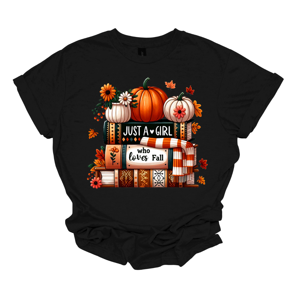 Bring cozy fall vibes to your wardrobe with this autumn-inspired graphic tee! The design features two pumpkins and a small pot of flowers perched on a stack of books with the spines reading “Just a Girl” and “Who Loves Fall.” An orange-and-white scarf wraps around the books while leaves gently fall, creating the perfect scene for autumn lovers. Shop at Gorgeousware.com
