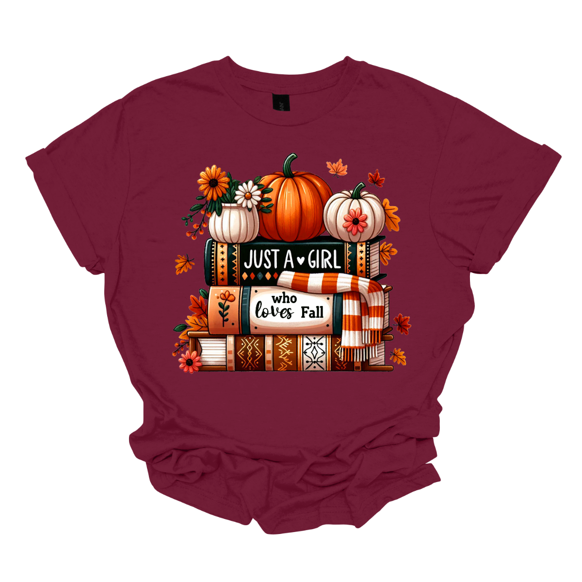 Bring cozy fall vibes to your wardrobe with this autumn-inspired graphic tee! The design features two pumpkins and a small pot of flowers perched on a stack of books with the spines reading “Just a Girl” and “Who Loves Fall.” An orange-and-white scarf wraps around the books while leaves gently fall, creating the perfect scene for autumn lovers. Shop at Gorgeousware.com