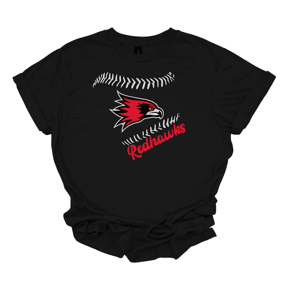 Black t-shirt with red and white redhawk logo and 'Redhawks' text on a white background
