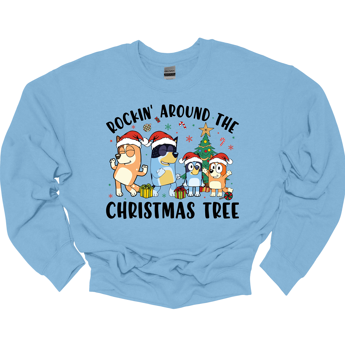 Celebrate the festive season with Bluey and her family in this heartwarming design! The beloved Bluey and her family are gathered around a beautifully decorated Christmas tree, joyfully rocking around the holiday cheer. The playful scene is filled with bright colors, festive ornaments, twinkling lights, and the spirit of togetherness. The phrase "Rockin' Around the Christmas Tree" arches over the design, capturing the fun and excitement of the holidays.