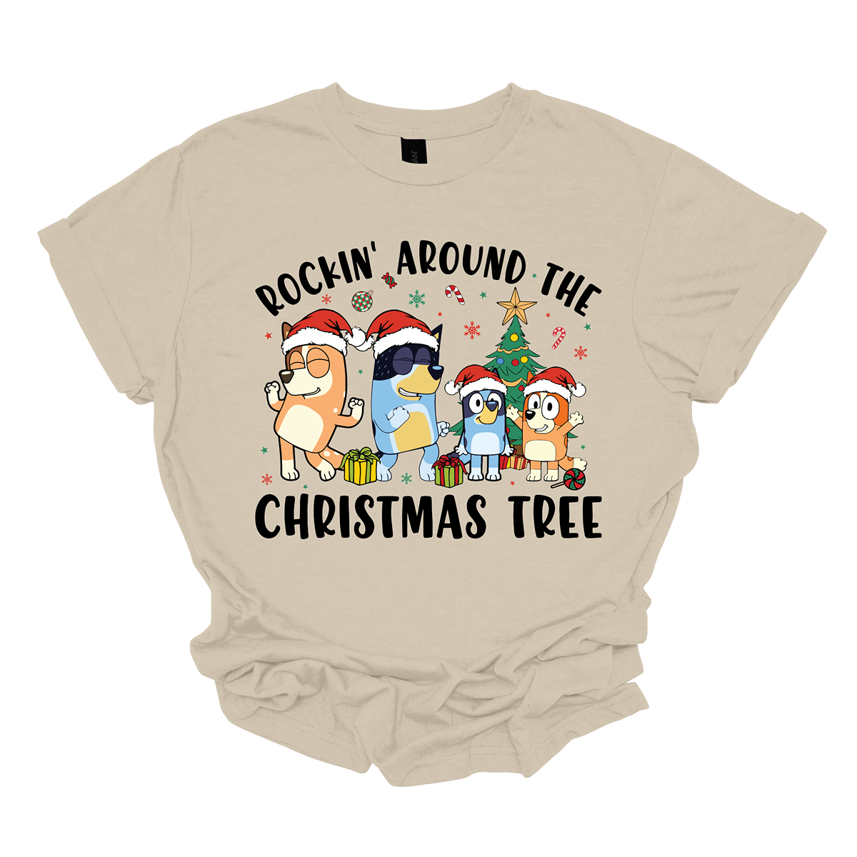 Celebrate the festive season with Bluey and her family in this heartwarming design! The beloved Bluey and her family are gathered around a beautifully decorated Christmas tree, joyfully rocking around the holiday cheer. The playful scene is filled with bright colors, festive ornaments, twinkling lights, and the spirit of togetherness. The phrase "Rockin' Around the Christmas Tree" arches over the design, capturing the fun and excitement of the holidays.