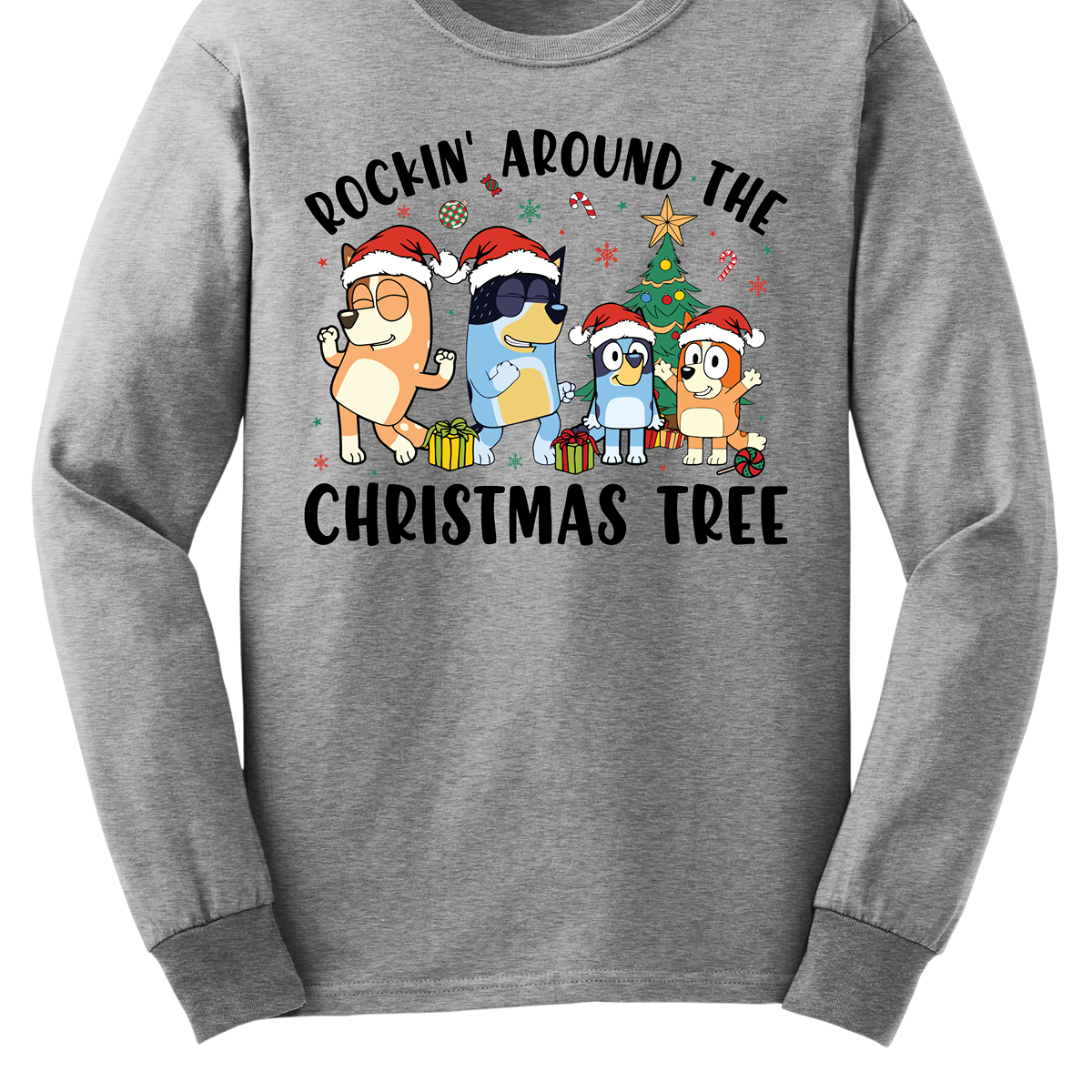 Celebrate the festive season with Bluey and her family in this heartwarming design! The beloved Bluey and her family are gathered around a beautifully decorated Christmas tree, joyfully rocking around the holiday cheer. The playful scene is filled with bright colors, festive ornaments, twinkling lights, and the spirit of togetherness. The phrase "Rockin' Around the Christmas Tree" arches over the design, capturing the fun and excitement of the holidays.