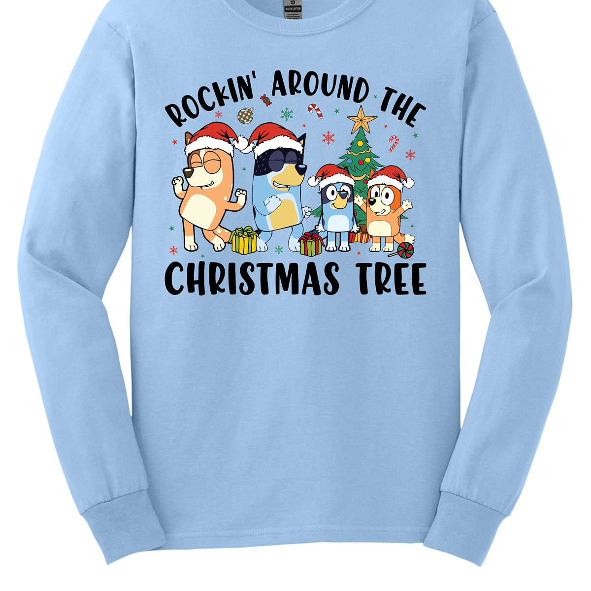 Celebrate the festive season with Bluey and her family in this heartwarming design! The beloved Bluey and her family are gathered around a beautifully decorated Christmas tree, joyfully rocking around the holiday cheer. The playful scene is filled with bright colors, festive ornaments, twinkling lights, and the spirit of togetherness. The phrase "Rockin' Around the Christmas Tree" arches over the design, capturing the fun and excitement of the holidays.