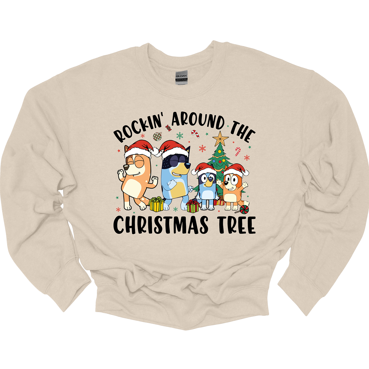 Celebrate the festive season with Bluey and her family in this heartwarming design! The beloved Bluey and her family are gathered around a beautifully decorated Christmas tree, joyfully rocking around the holiday cheer. The playful scene is filled with bright colors, festive ornaments, twinkling lights, and the spirit of togetherness. The phrase "Rockin' Around the Christmas Tree" arches over the design, capturing the fun and excitement of the holidays.