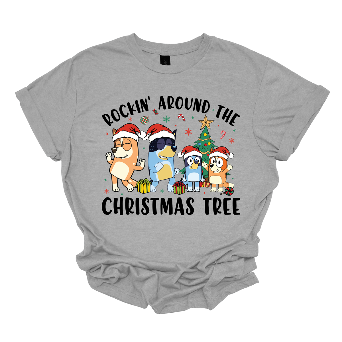 Celebrate the festive season with Bluey and her family in this heartwarming design! The beloved Bluey and her family are gathered around a beautifully decorated Christmas tree, joyfully rocking around the holiday cheer. The playful scene is filled with bright colors, festive ornaments, twinkling lights, and the spirit of togetherness. The phrase "Rockin' Around the Christmas Tree" arches over the design, capturing the fun and excitement of the holidays.