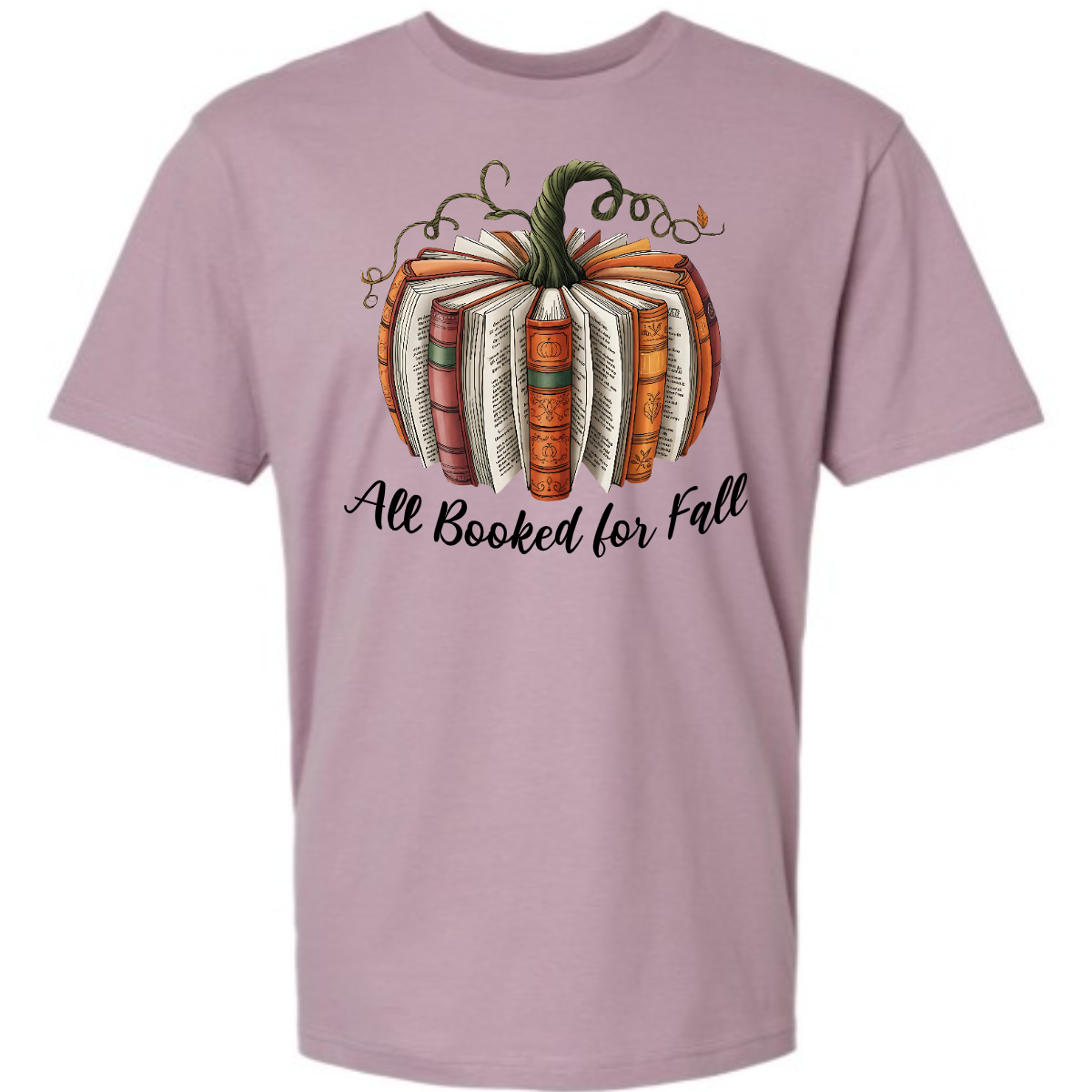 Cozy up this fall with our Booked for Fall tee — the perfect blend of autumn charm and bookworm style! This unique design features a pumpkin made entirely from stacked books, alternating forward and backward to create a whimsical literary pumpkin. At the bottom it says "All Booked for Fall". Shop at Gorgeousware.com