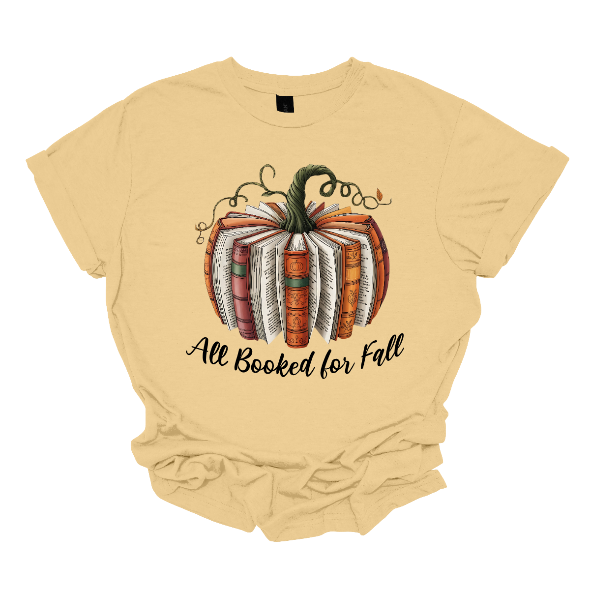 Cozy up this fall with our Booked for Fall tee — the perfect blend of autumn charm and bookworm style! This unique design features a pumpkin made entirely from stacked books, alternating forward and backward to create a whimsical literary pumpkin. At the bottom it says "All Booked for Fall". Shop at Gorgeousware.com
