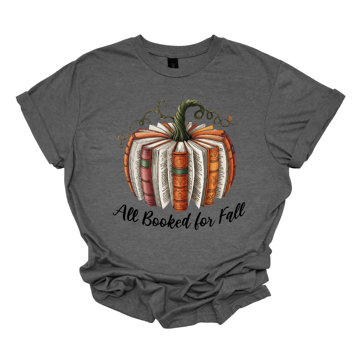 Cozy up this fall with our Booked for Fall tee — the perfect blend of autumn charm and bookworm style! This unique design features a pumpkin made entirely from stacked books, alternating forward and backward to create a whimsical literary pumpkin. At the bottom it says "All Booked for Fall". Shop at Gorgeousware.com