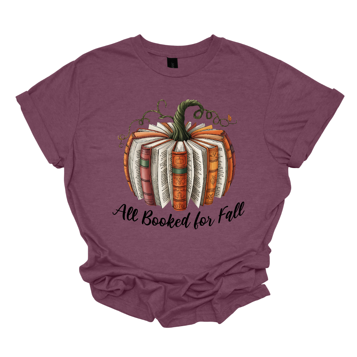Cozy up this fall with our Booked for Fall tee — the perfect blend of autumn charm and bookworm style! This unique design features a pumpkin made entirely from stacked books, alternating forward and backward to create a whimsical literary pumpkin. At the bottom it says "All Booked for Fall". Shop at Gorgeousware.com