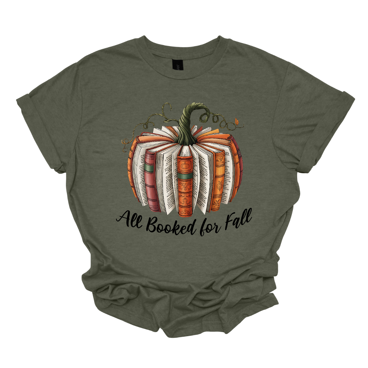 Cozy up this fall with our Booked for Fall tee — the perfect blend of autumn charm and bookworm style! This unique design features a pumpkin made entirely from stacked books, alternating forward and backward to create a whimsical literary pumpkin. At the bottom it says "All Booked for Fall". Shop at Gorgeousware.com
