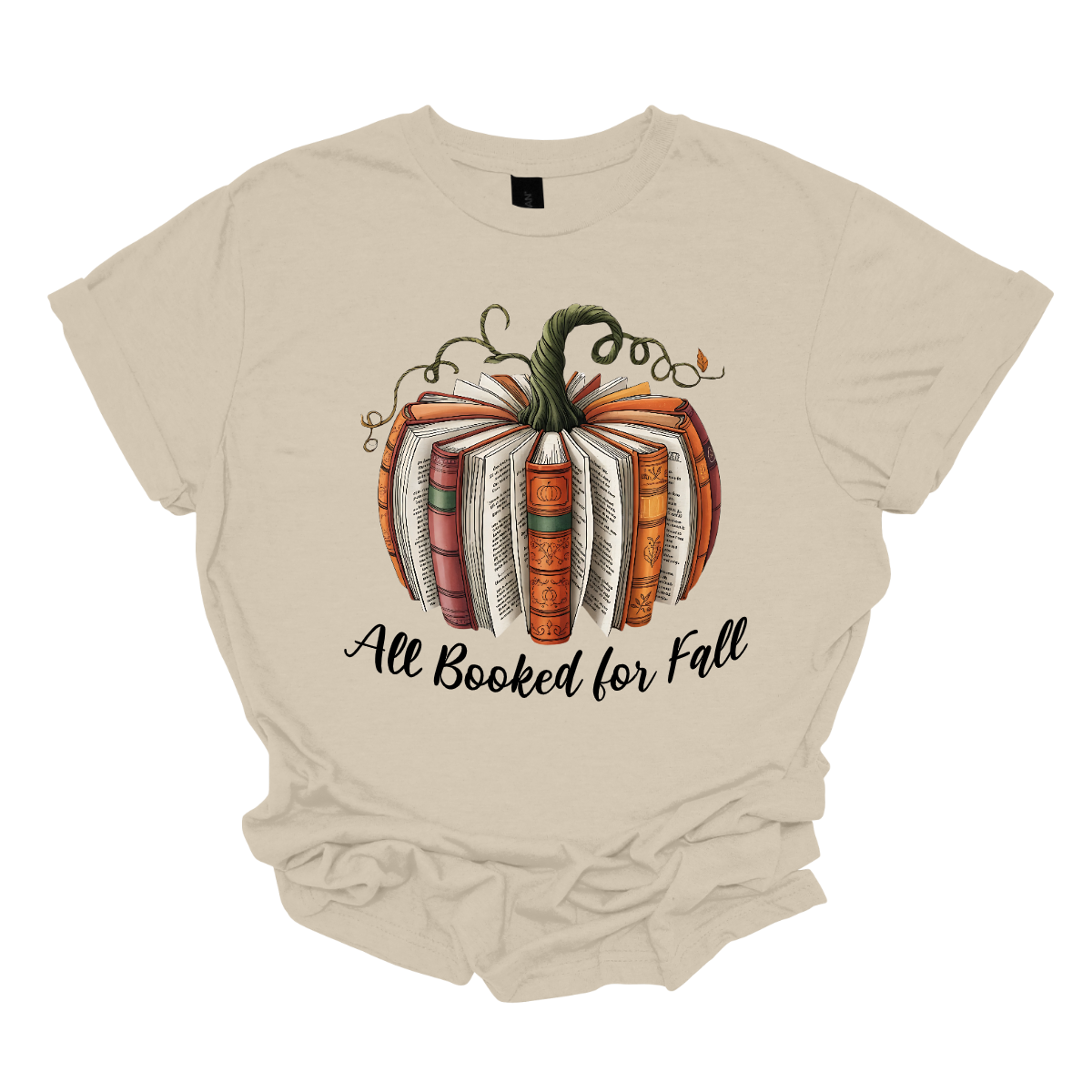 Cozy up this fall with our Booked for Fall tee — the perfect blend of autumn charm and bookworm style! This unique design features a pumpkin made entirely from stacked books, alternating forward and backward to create a whimsical literary pumpkin. At the bottom it says "All Booked for Fall". Shop at Gorgeousware.com