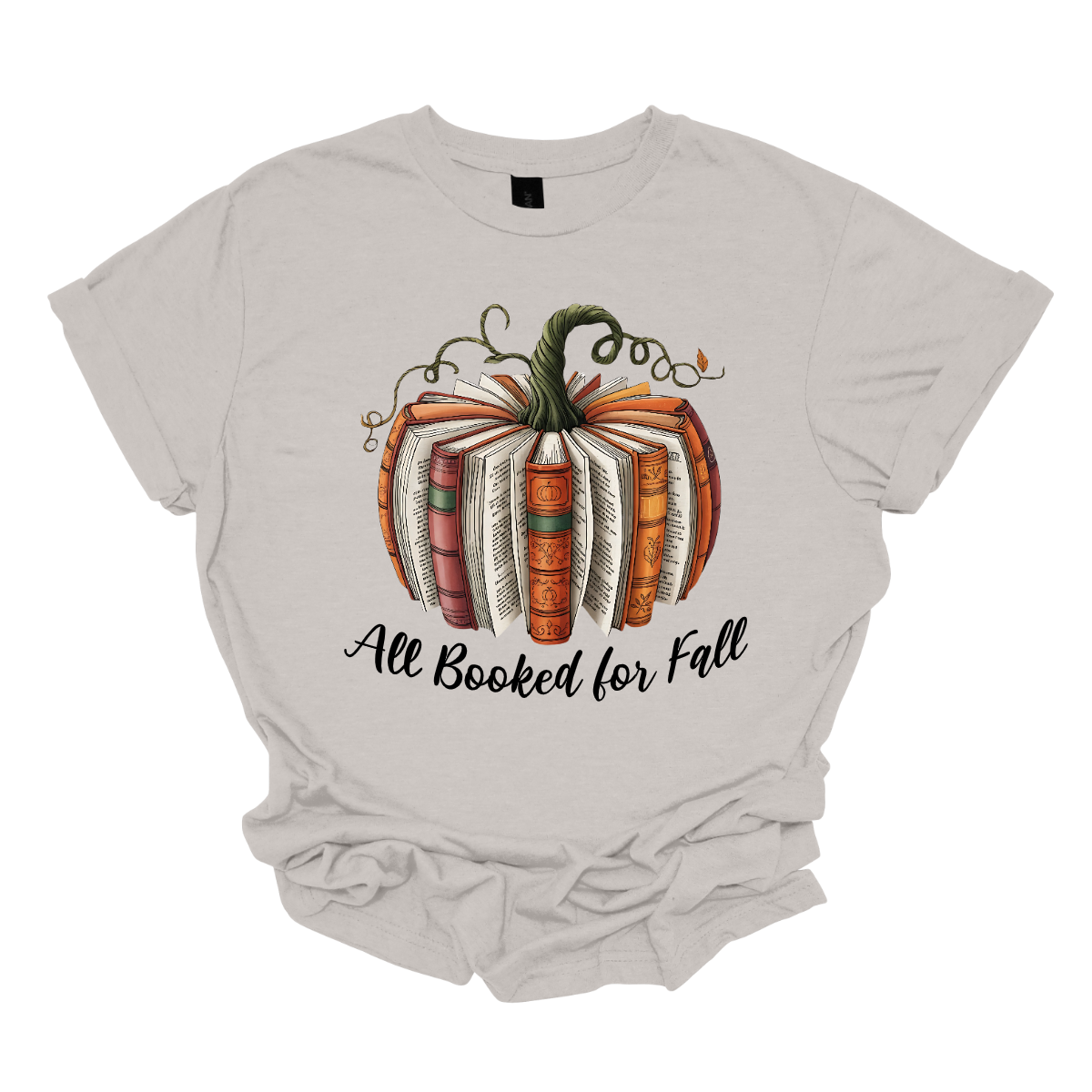Cozy up this fall with our Booked for Fall tee — the perfect blend of autumn charm and bookworm style! This unique design features a pumpkin made entirely from stacked books, alternating forward and backward to create a whimsical literary pumpkin. At the bottom it says "All Booked for Fall". Shop at Gorgeousware.com