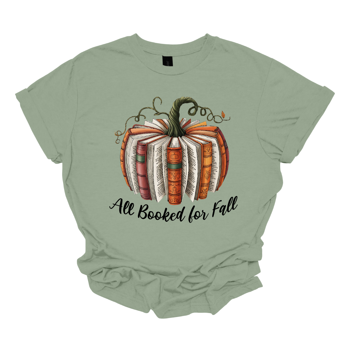 Cozy up this fall with our Booked for Fall tee — the perfect blend of autumn charm and bookworm style! This unique design features a pumpkin made entirely from stacked books, alternating forward and backward to create a whimsical literary pumpkin. At the bottom it says "All Booked for Fall". Shop at Gorgeousware.com