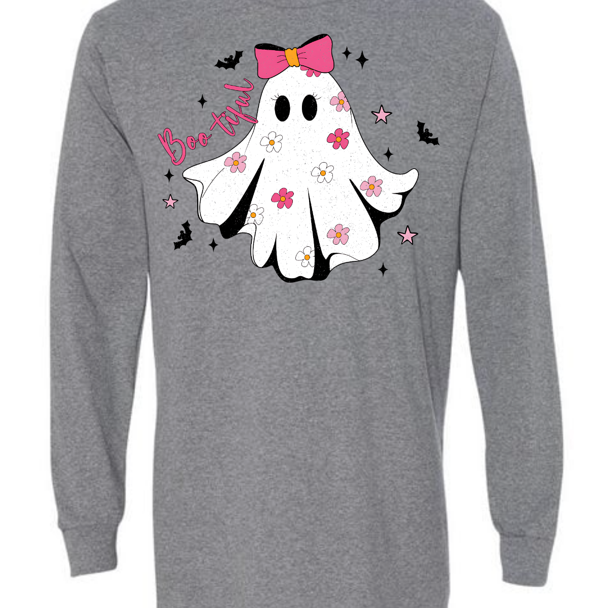 Get ready to spook in style with our "Boo-tiful" t-shirt! This enchanting design features an adorable white ghost adorned with a vibrant hot pink bow, surrounded by an array of big, blooming pink flowers that add a delightful pop of color. As if that wasn't charming enough, playful bats and twinkling stars dance around the ghost, creating a whimsical atmosphere perfect for Halloween or any day you want to embrace your fun, festive side. Shop at Gorgeousware.com