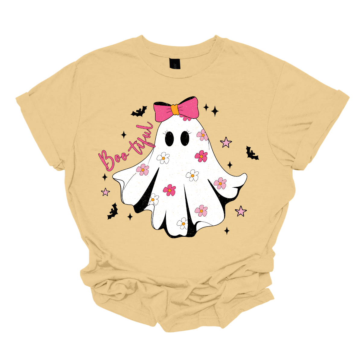 Get ready to spook in style with our "Boo-tiful" t-shirt! This enchanting design features an adorable white ghost adorned with a vibrant hot pink bow, surrounded by an array of big, blooming pink flowers that add a delightful pop of color. As if that wasn't charming enough, playful bats and twinkling stars dance around the ghost, creating a whimsical atmosphere perfect for Halloween or any day you want to embrace your fun, festive side. Shop at Gorgeousware.com