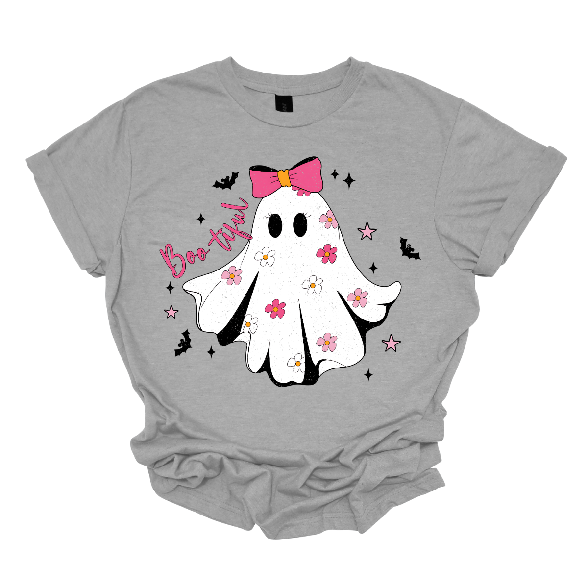 Get ready to spook in style with our "Boo-tiful" t-shirt! This enchanting design features an adorable white ghost adorned with a vibrant hot pink bow, surrounded by an array of big, blooming pink flowers that add a delightful pop of color. As if that wasn't charming enough, playful bats and twinkling stars dance around the ghost, creating a whimsical atmosphere perfect for Halloween or any day you want to embrace your fun, festive side. Shop at Gorgeousware.com