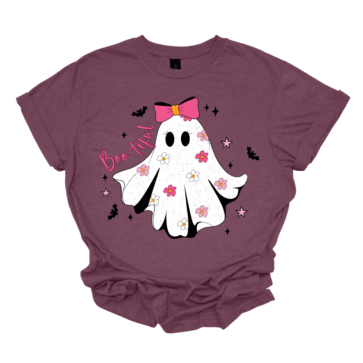 Get ready to spook in style with our "Boo-tiful" t-shirt! This enchanting design features an adorable white ghost adorned with a vibrant hot pink bow, surrounded by an array of big, blooming pink flowers that add a delightful pop of color. As if that wasn't charming enough, playful bats and twinkling stars dance around the ghost, creating a whimsical atmosphere perfect for Halloween or any day you want to embrace your fun, festive side. Shop at Gorgeousware.com