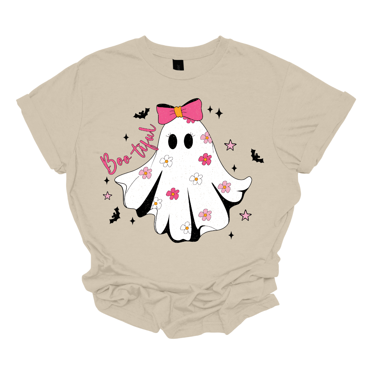 Get ready to spook in style with our "Boo-tiful" t-shirt! This enchanting design features an adorable white ghost adorned with a vibrant hot pink bow, surrounded by an array of big, blooming pink flowers that add a delightful pop of color. As if that wasn't charming enough, playful bats and twinkling stars dance around the ghost, creating a whimsical atmosphere perfect for Halloween or any day you want to embrace your fun, festive side. Shop at Gorgeousware.com