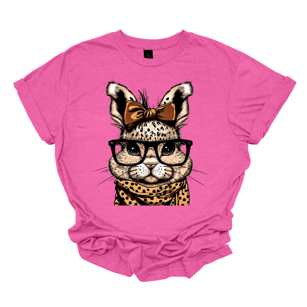 Unleash your wild side this Easter with our charming bunny T-shirt adorned with a cheetah print scarf! This delightful shirt combines the cuteness of a bunny with the fierce elegance of a cheetah, creating a unique and eye-catching design.  Shop now at Gorgeousware.com