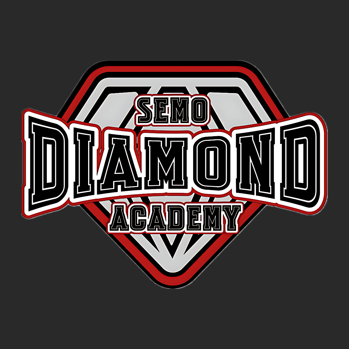 Logo of Semo Diamond Academy with a red and white border on a black background