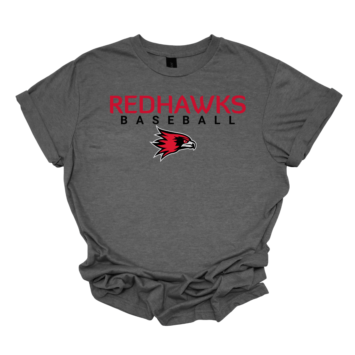 Gray t-shirt with 'Redhawks Baseball' text and logo on a white background