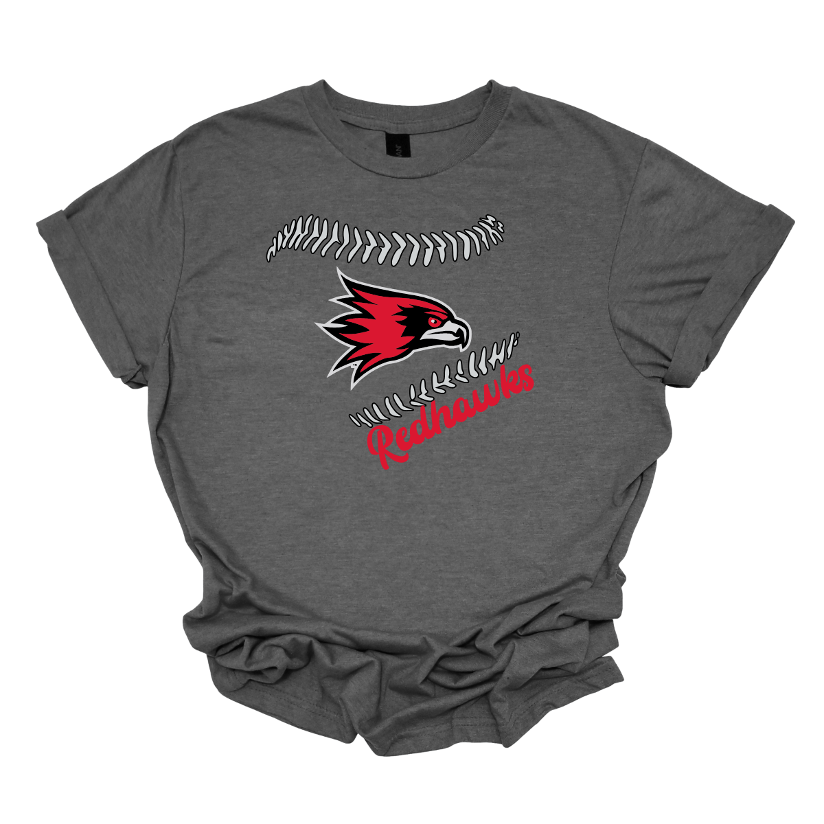 Gray t-shirt with a red and black redhawk logo and 'Redhawks' text on a white background
