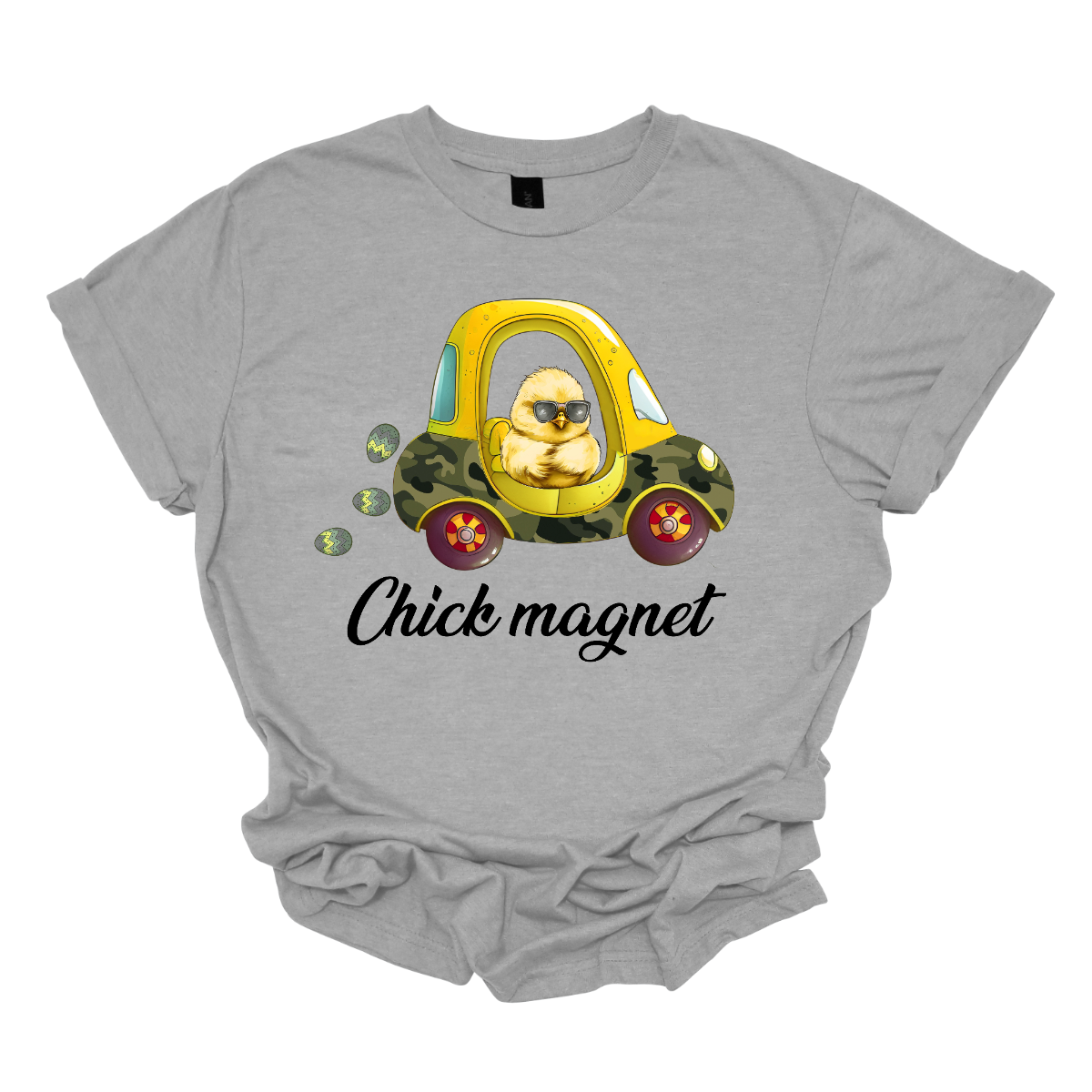 "Chick Magnet" - Drive into Easter with style in our adorable t-shirt featuring a charming little chick cruising in a cozy coupe, sunglasses on and a trail of Easter eggs in its wake. This playful design is sure to turn heads and spread smiles wherever you go, capturing the fun and excitement of the holiday season.  Shop at Gorgeousware.com