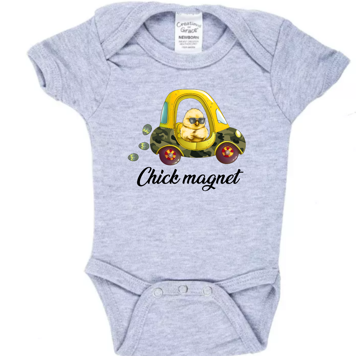 "Chick Magnet" - Drive into Easter with style in our adorable t-shirt featuring a charming little chick cruising in a cozy coupe, sunglasses on and a trail of Easter eggs in its wake. This playful design is sure to turn heads and spread smiles wherever you go, capturing the fun and excitement of the holiday season.  Shop at Gorgeousware.com